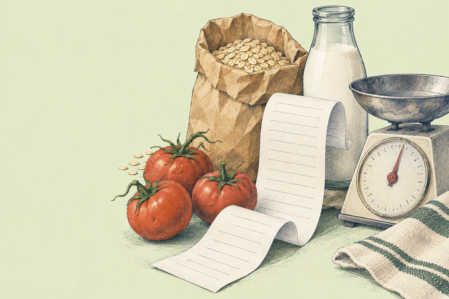 An illustrated arrangement of everyday groceries and receipt slips